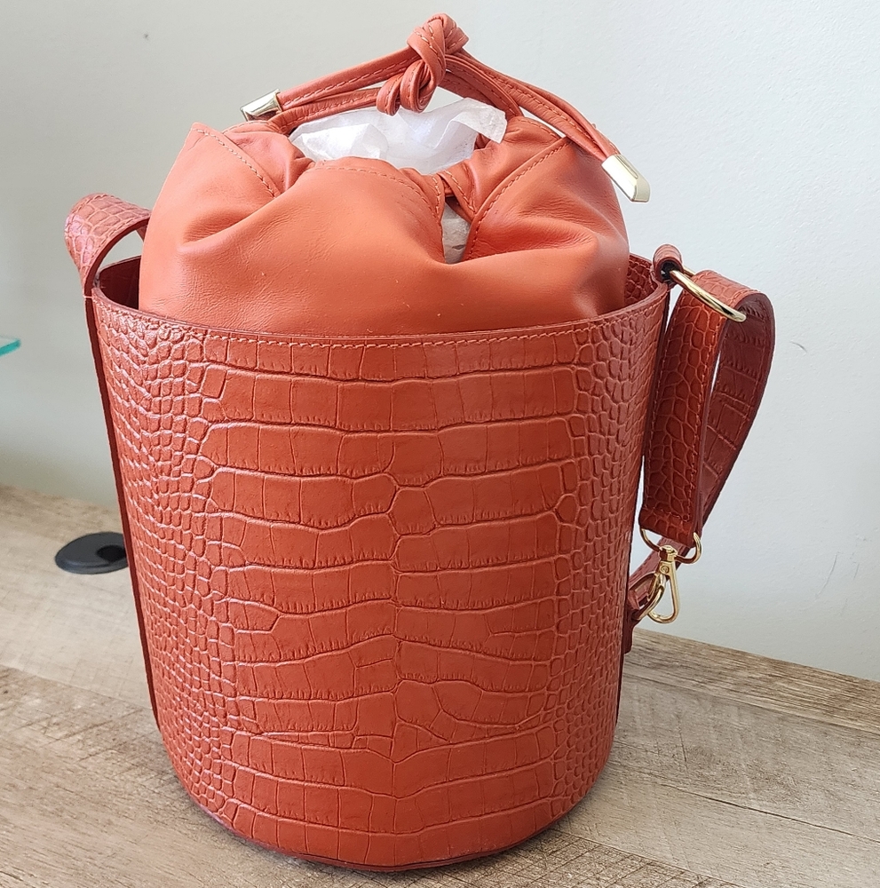Orange Faux Croc Bucket Bag